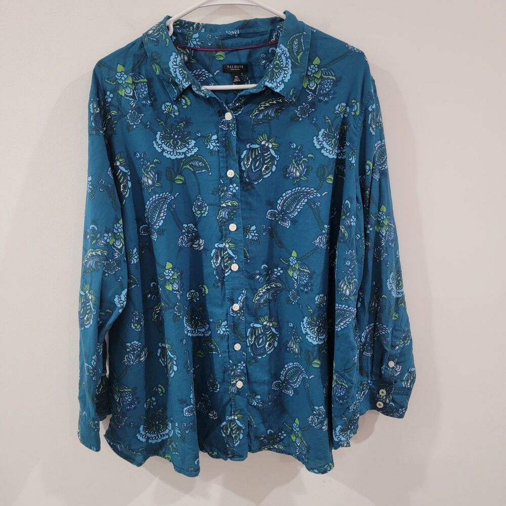 Talbots Womens‎ Button Up Size 3X Petite Blue Paisley Floral
